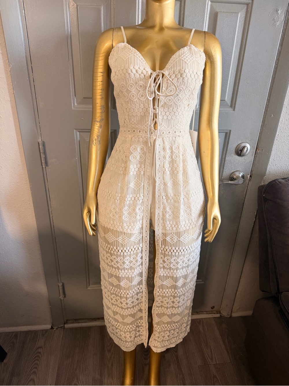 Lace Tie-Front Midi Jumpsuit in Ivory